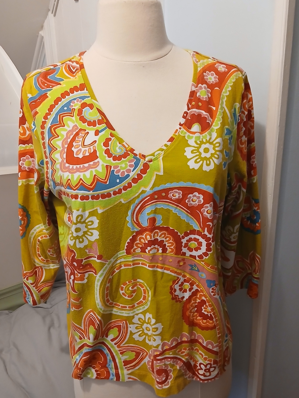Chico's Bright Paisley V‑Neck Long Sleeve Top - Yellow, Orange, Blue, Cream